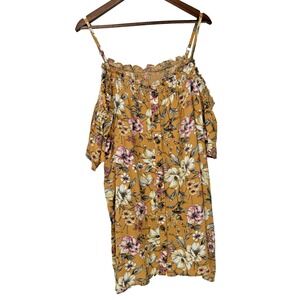 Torrid Tunic Top Yellow Floral Cold Shoulder Spaghetti Strap tropical boho beach
